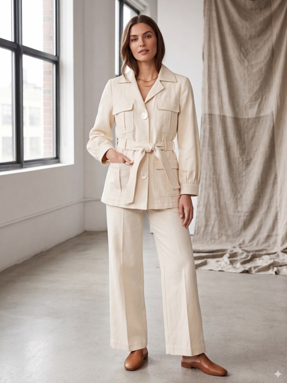 Kate Spade New York Cotton Linen Belted Safari Utility Jacket - Cream - Size 10